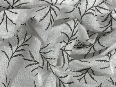 Linen 70's lea  pure linen fabric 58 inch wide white and grey leaf motif  print [17682]