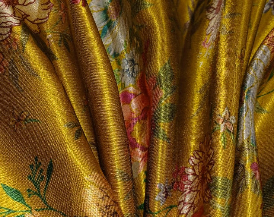 Viscose  Modal Satin fabric Digital pink,cream,orange,peach,green Floral Print 44" wide available in 3 colors black, dark teal and mustard gold