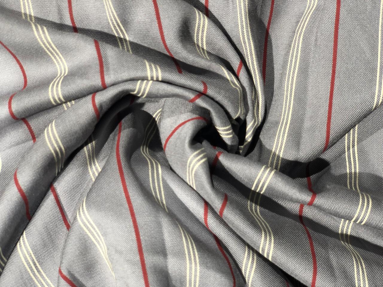 Viscose  fabric 58&quot; wide grey with red and ivory satin stripes [17708]