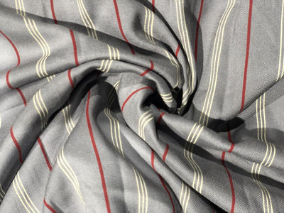 Viscose  fabric 58&quot; wide grey with red and ivory satin stripes [17708]
