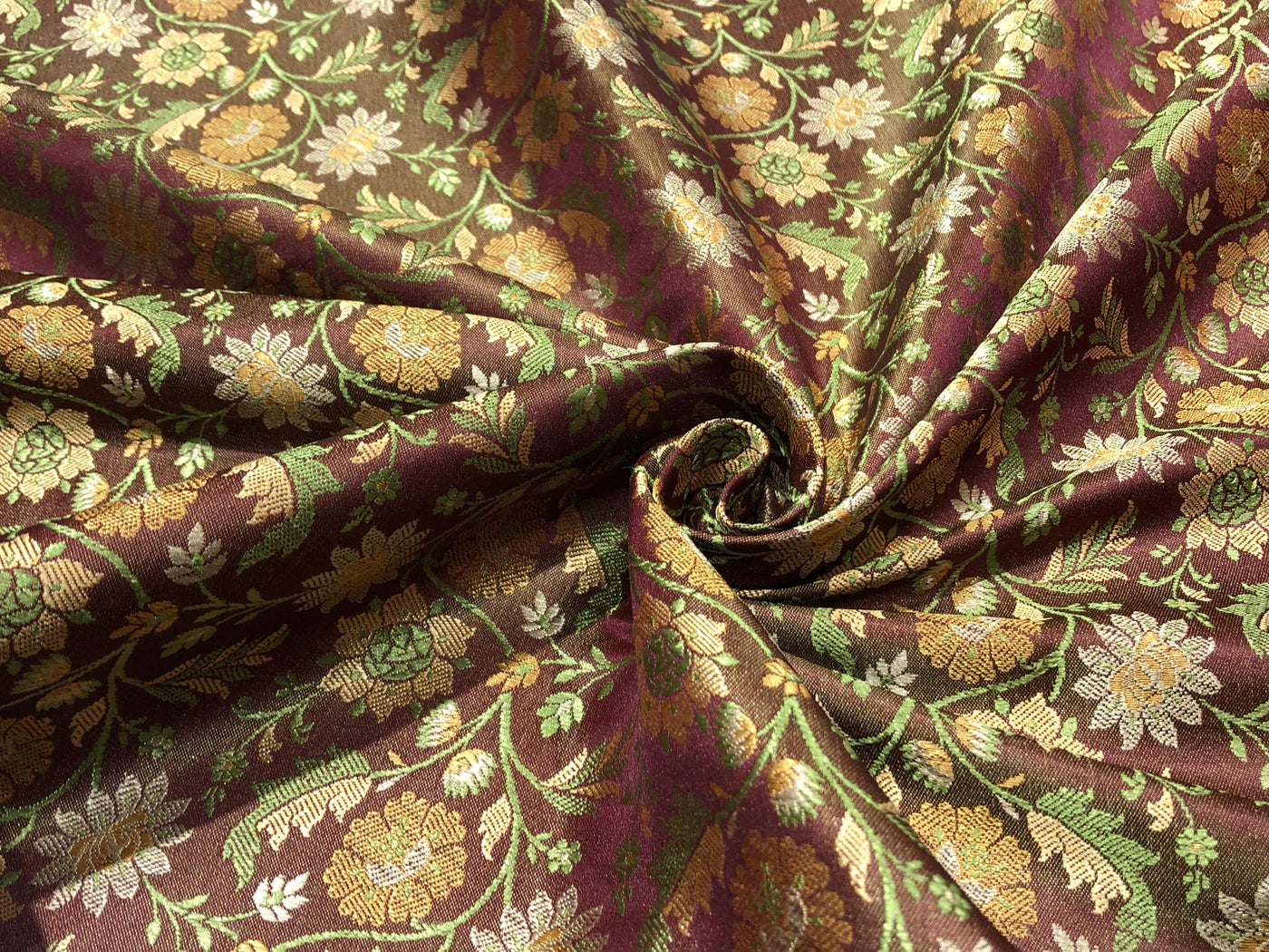 Silk Brocade fabric floral  jacquard brown with green and gold floral jacquard BRO1022[5]