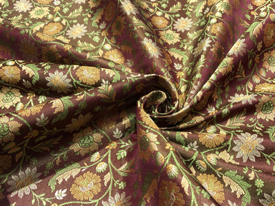 Silk Brocade fabric floral  jacquard brown with green and gold floral jacquard BRO1022[5]