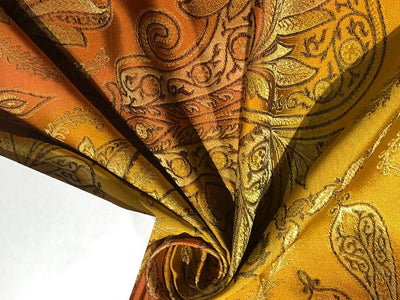 100% Silk Taffeta Jacquard Fabric  SHADED RUSTY ORANGE AND GOLD LEAVES TAFJACNEW16