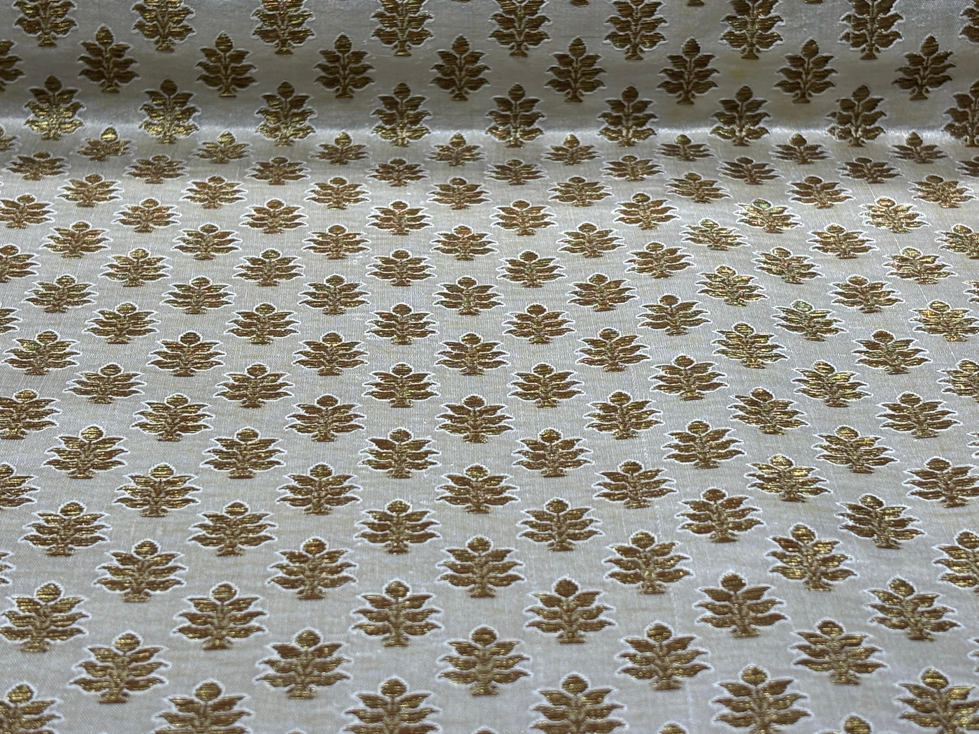 Silk Brocade fabric 44" dark ivory with antique gold jacquard motifs available in 2 designs leaf and paisley BRO1053
