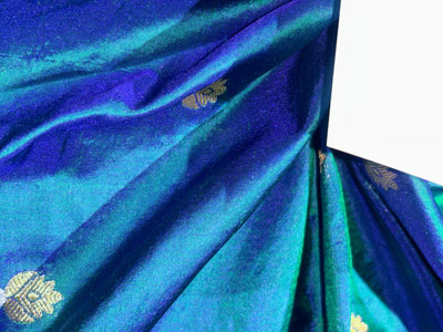 100% PURE Silk Brocade fabric 44" wide BLUE X GREEN [KINGFISHER BLUE]2 tone with small metallic gold ,silver motifs BRO914[6]