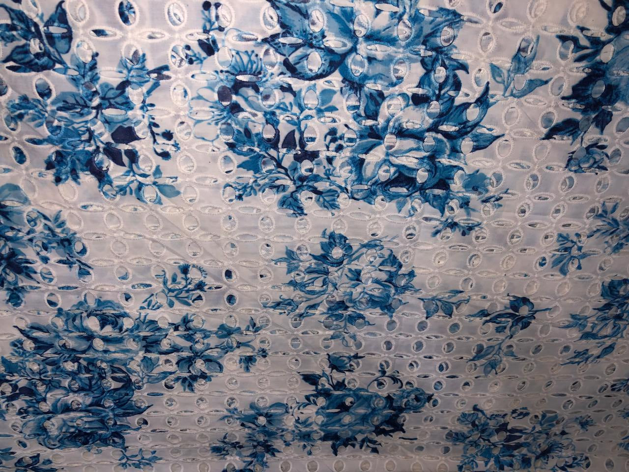 100% Cotton white with blue floral printed and hakoba embroidered fabric  58 inches wide 147 cms. [17303]