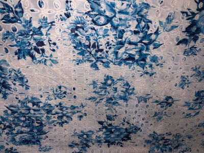100% Cotton white with blue floral printed and hakoba embroidered fabric  58 inches wide 147 cms. [17303]