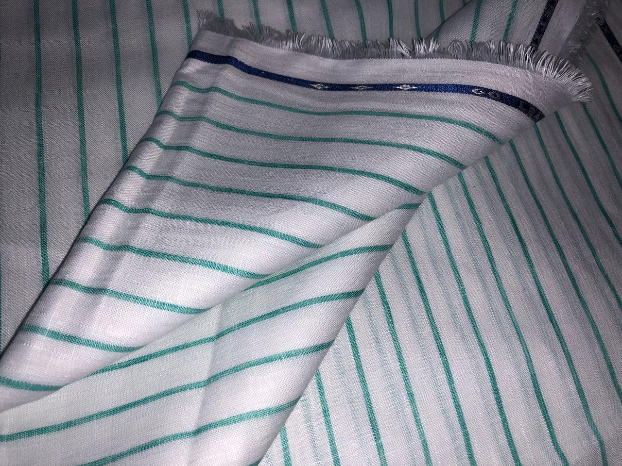 100% Linen stripe 60's Lea Fabric 58" wide available in 2 colors blue and sea green [17643/44]