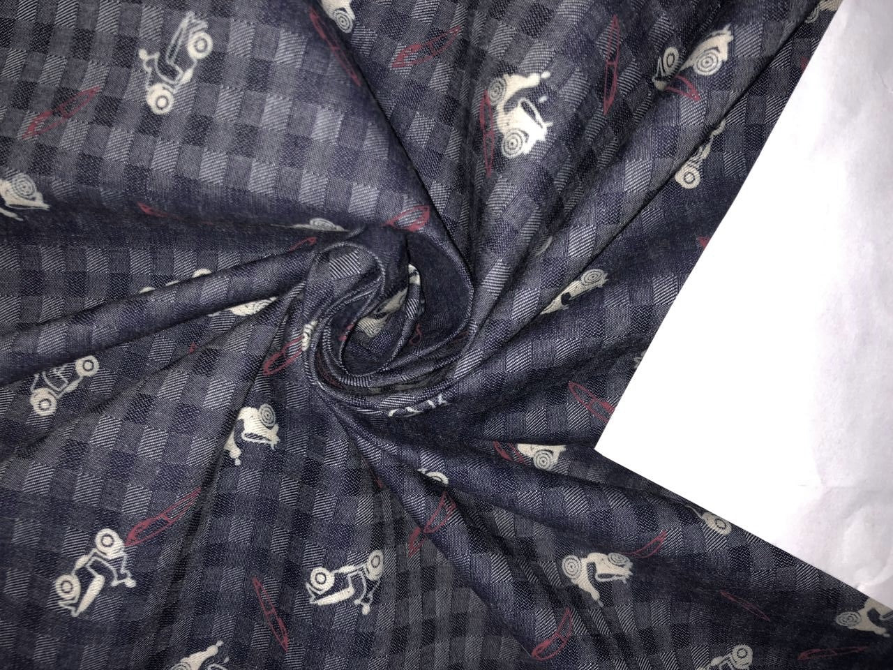 100% Cotton Denim Fabric 58" wide available in 2 STYLES DENIM PLAIDS WITH SCOOTER MOTIF AND  DENIM SELF PLAIDS CHARCOAL GREY