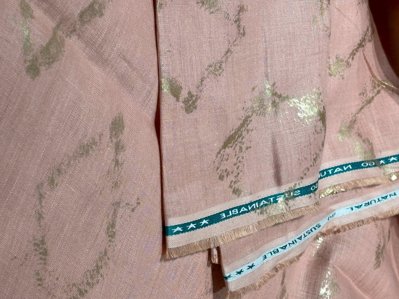 100% HEMP peach  color fabric with gold foil print 58" wide [17203]