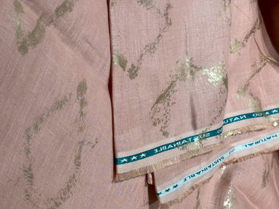 100% HEMP peach  color fabric with gold foil print 58" wide [17203]