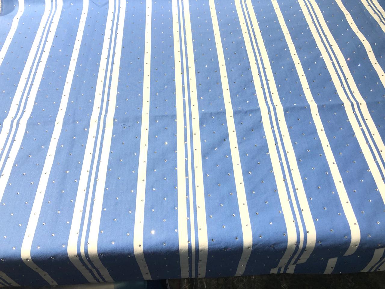 100% Cotton Denim  Fabric 58" wide BLUE WHITE STRIPE WITH RHINESTONES [16862]