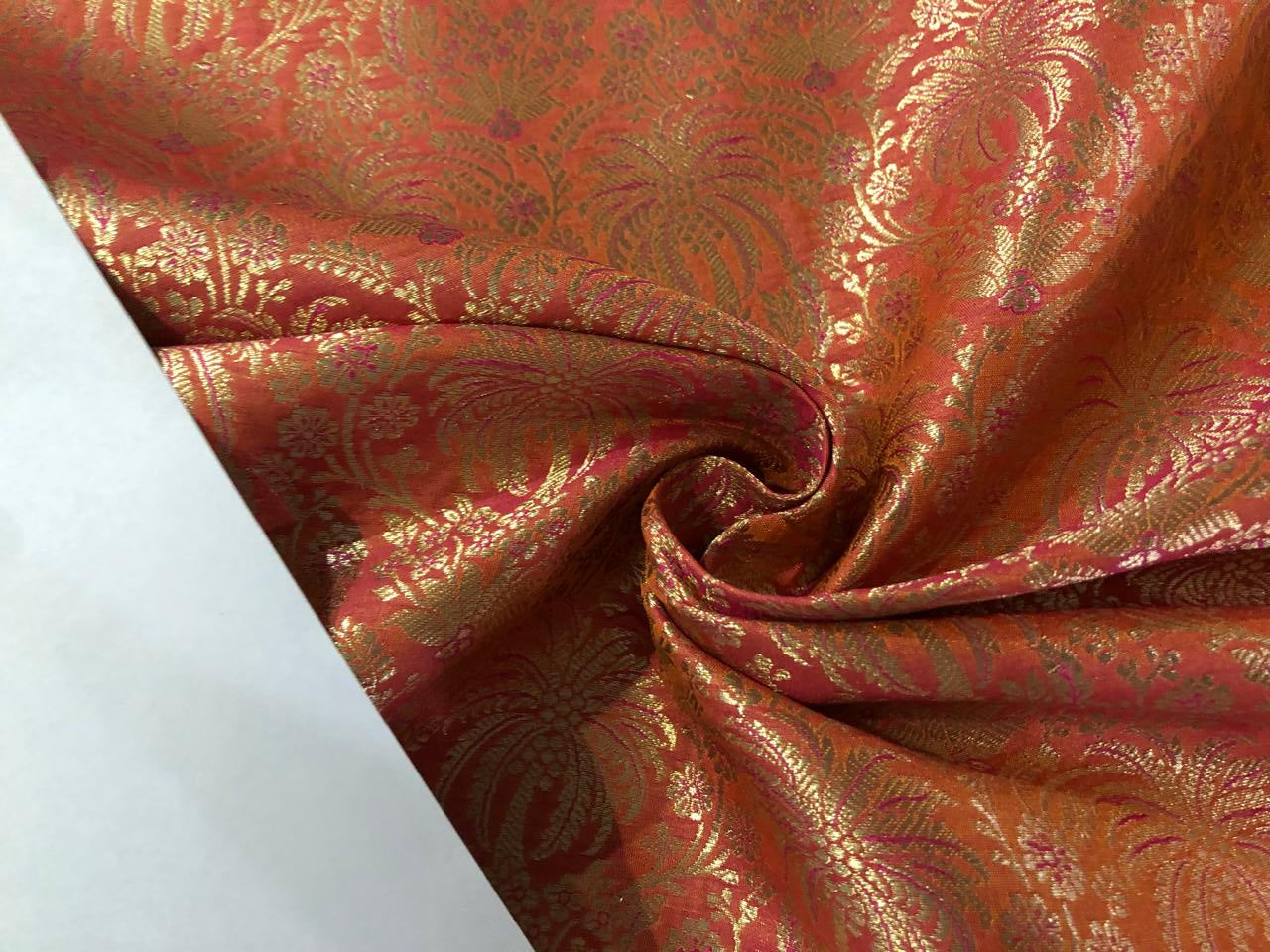 Silk Brocade fabric pink x orange with gold  jacquard coconut trees  BRO1017[3]