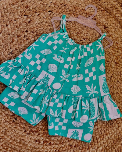 Linen Print green and white vacation/beach/children wear print [17741]