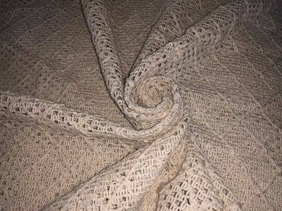 Cotton x jute fancy LACE overlay fabric offers intricate woven patterns 72"available in  2 designs diamond with squares and brown,green and cream triangles