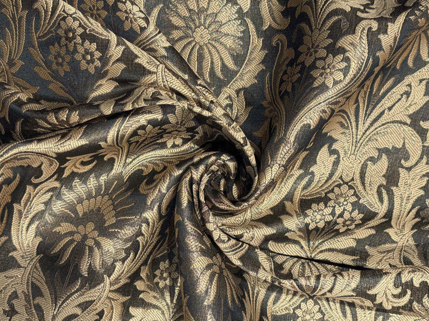 Silk Brocade fabric 44" antique gold jacquard motifs with vines available in 2 colors navy and black  BRO1054