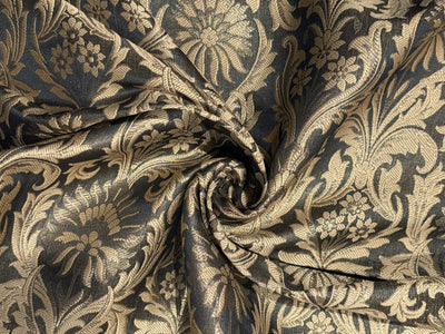 Silk Brocade fabric 44" antique gold jacquard motifs with vines available in 2 colors navy and black  BRO1054