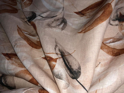 100% linen  digital print fabric 58" wide SAND BEIGE WITH BARK BROWN AND BROWN COLOR LEAVES [16111]