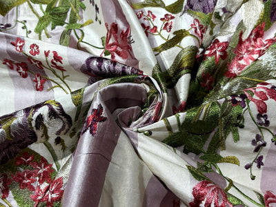 100% Silk dupioni silk 54&quot;-dark ivory  and mauve and mauve taupe color stripe  with floral embroidery in plum, mauve and burgundy  DUPE65