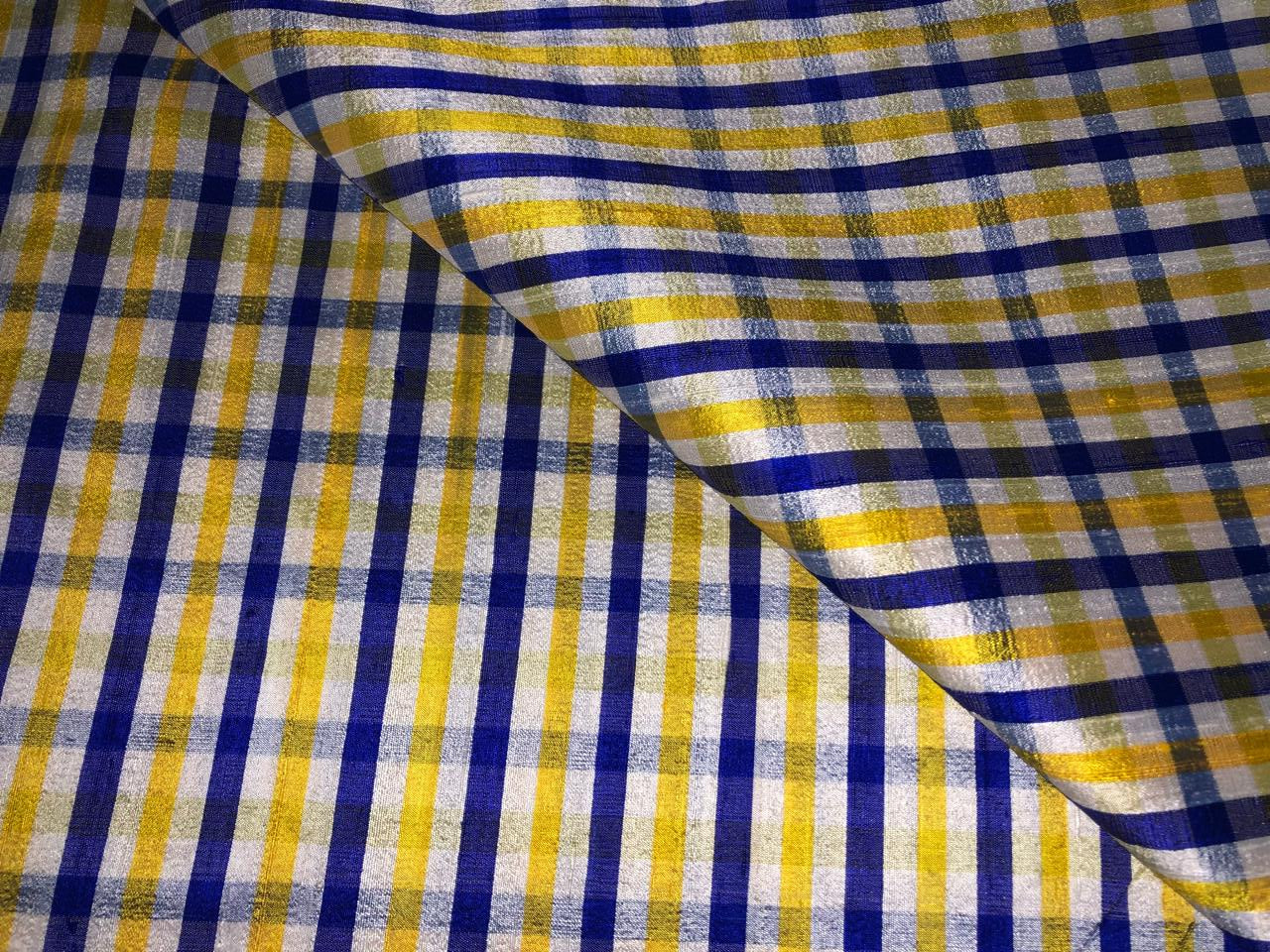 100% silk dupion  Plaids fabric with slubs shades of golden yellow ,blue ,royal blue and white yellow 54" wide DUPNEWC26[3]