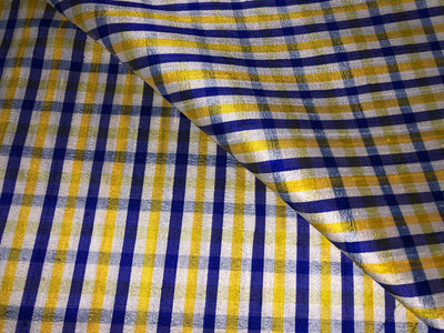 100% silk dupion  Plaids fabric with slubs shades of golden yellow ,blue ,royal blue and white yellow 54" wide DUPNEWC26[3]