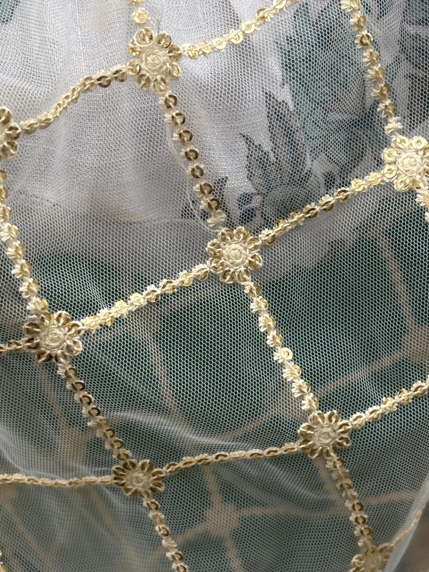 NET stole with  36" wide and 90" long with subtle gold sequence and embroidery [17684]