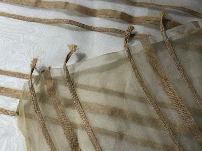 100% Silk mettalic tissue organza fabric DARK IVORY   with jute stripe design 54 INCHES WIDE [16858]