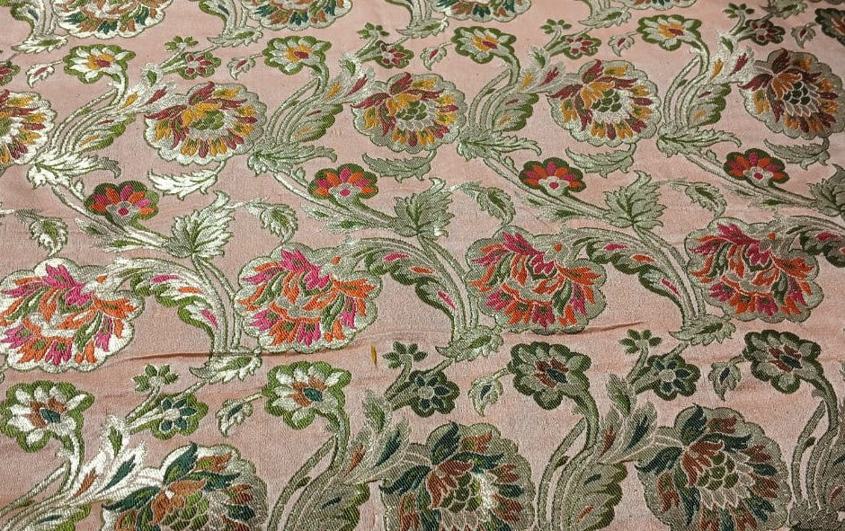 Brocade Heavy KING KHAB  Fabric PASTEL PEACH with red green ,  mustard and metallic white gold floral jacquard BRO985[1]