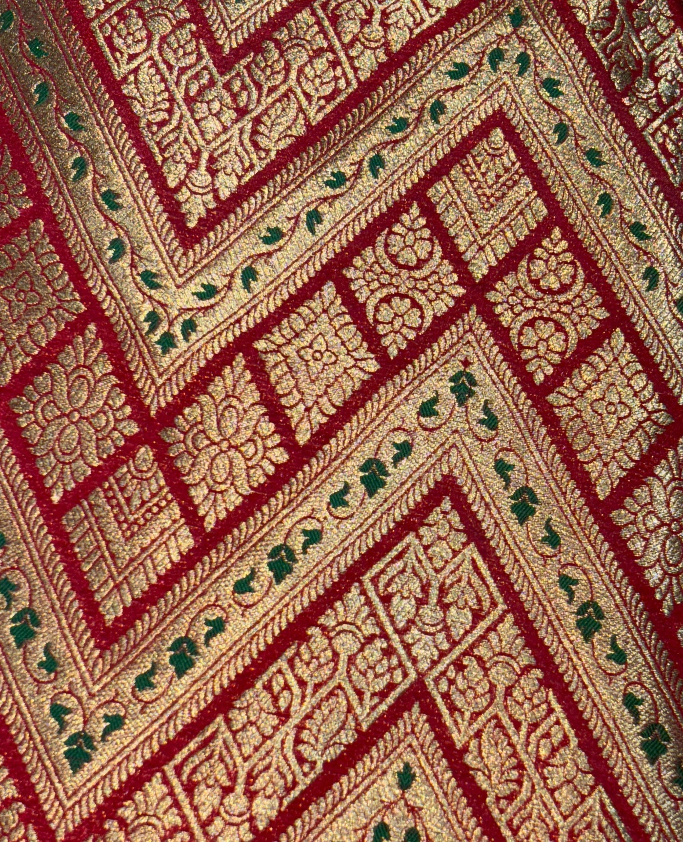 Silk Brocade fabric 44"red color geometric triangles x metallic gold jacquard and a hint of green leaves  BRO1044[2]