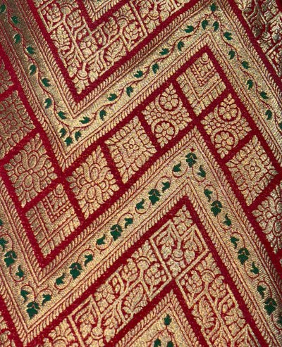 Silk Brocade fabric 44"red color geometric triangles x metallic gold jacquard and a hint of green leaves  BRO1044[2]