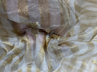 Tissue fabric  ivory and gold stripe with gold dainty flowers 44" wide [17800]