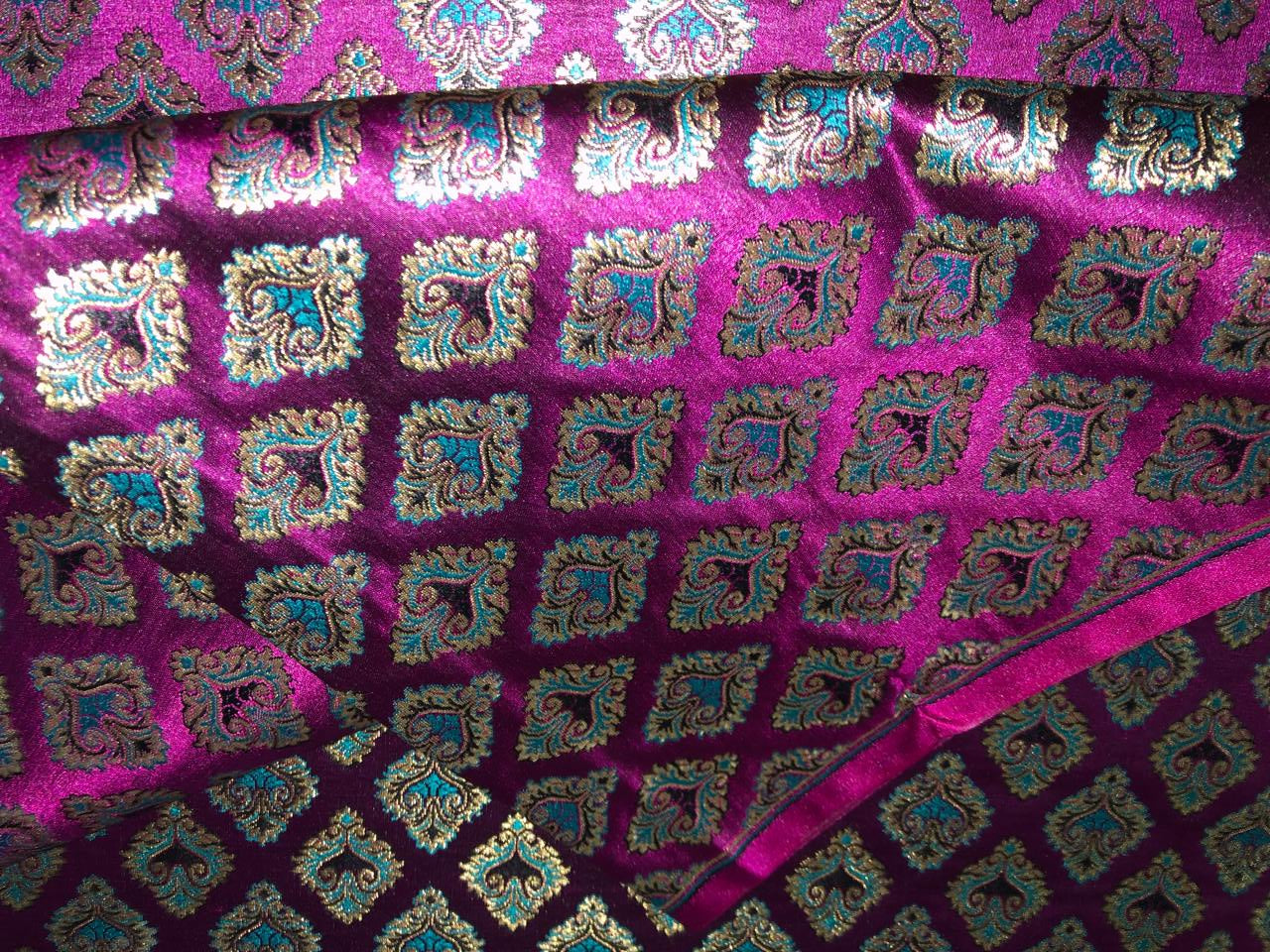 Silk Brocade fabric 44" magenta with teal and  gold metallic jacquard  motif BRO1056[1]