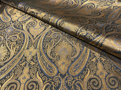 Silk Brocade fabric blueish grey with metallic gold paisley  jacquard BRO1024[5]