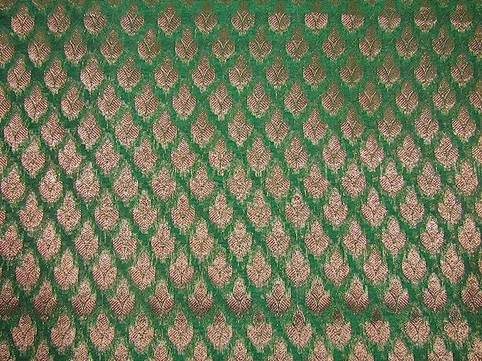 Semi Sheer Spun Silk Brocade Fabric Green &amp; Metallic Gold 44" wide BRO184[4]