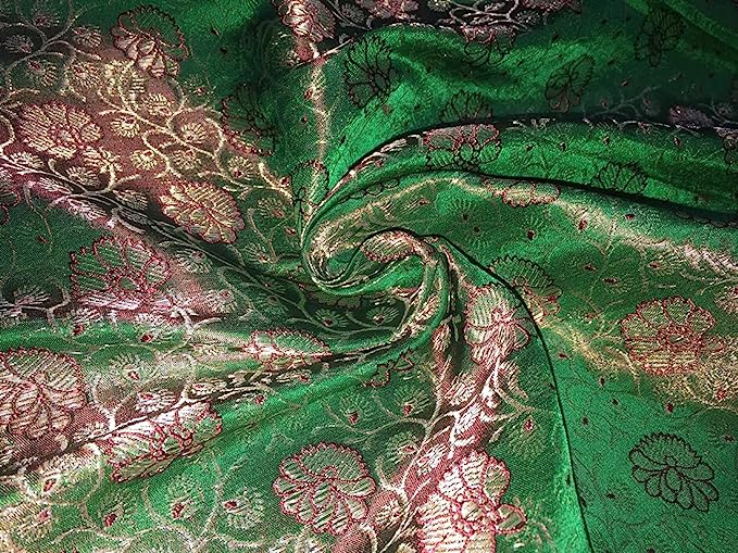 SILK BROCADE FABRIC Green, Red & Metallic Gold color 44" wide BRO283[2]