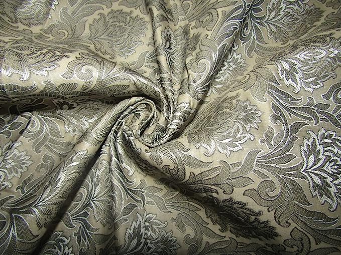 SILK BROCADE FABRIC Cream & Grey color 44" wide BRO299[1]