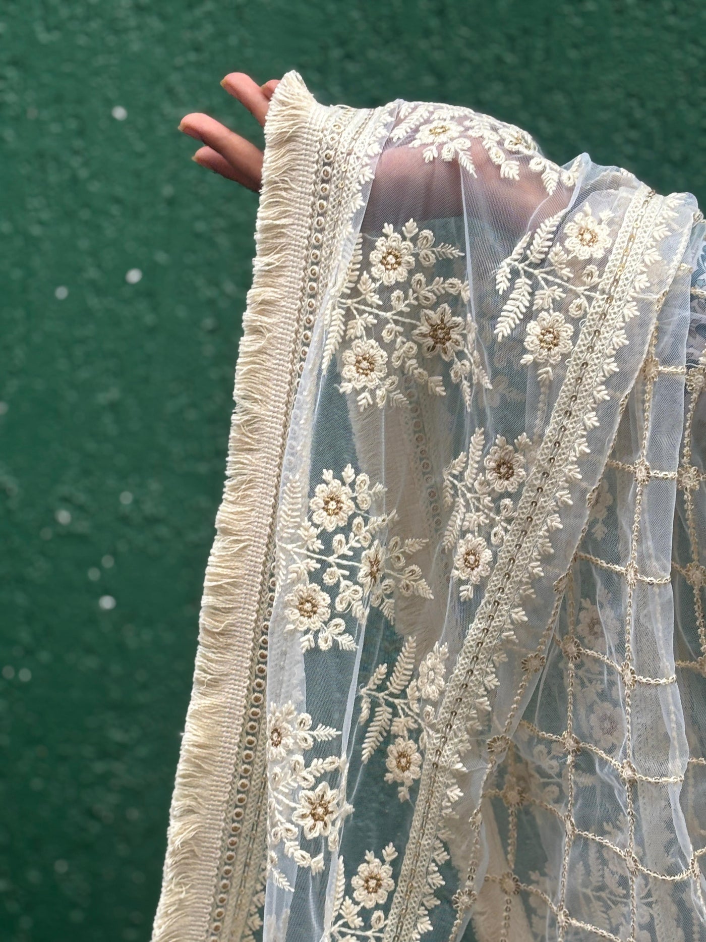 NET stole with  36" wide and 90" long with subtle gold sequence and embroidery [17684]