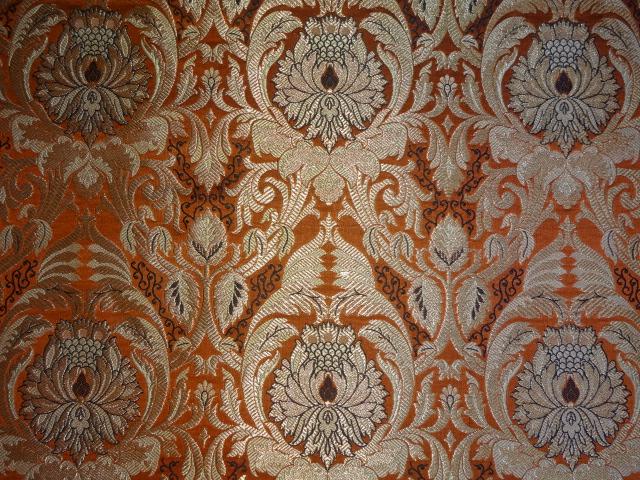 SILK BROCADE FABRIC ORANGE,BLACK & METALLIC GOLD 44" wide BRO418[4]