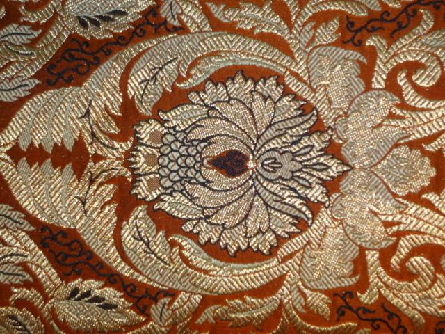 SILK BROCADE FABRIC ORANGE,BLACK & METALLIC GOLD 44" wide BRO418[4]