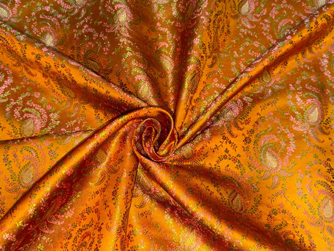 Silk Brocade fabric mustard orange with  green and pink paisley jacquard  BRO1082[1]