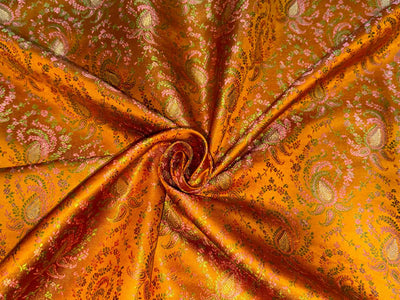 Silk Brocade fabric mustard orange with  green and pink paisley jacquard  BRO1082[1]