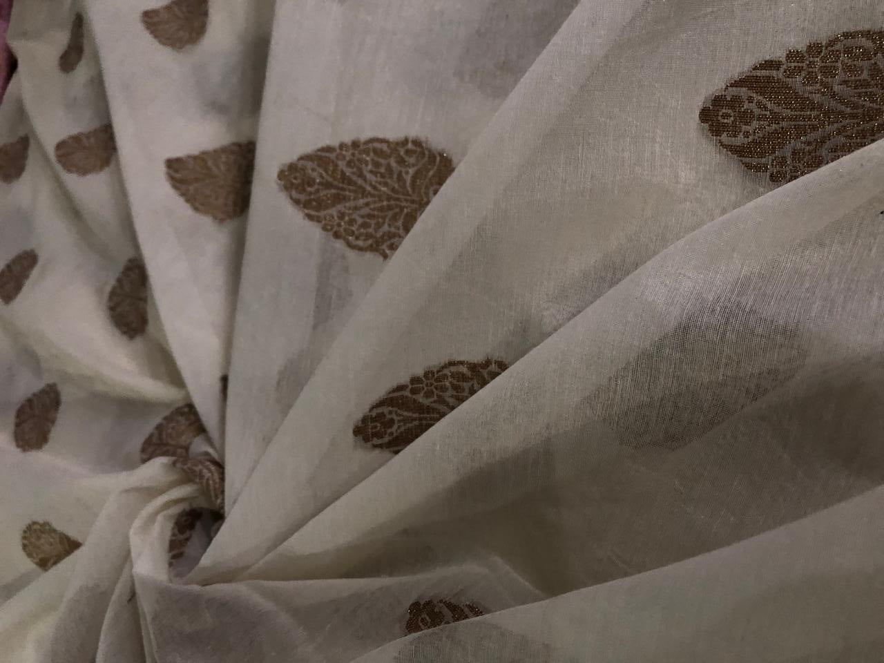 Silk Cotton Chanderi Fabric with  metallic gold jacquard  leaf motif 44&quot; wide [17225]
