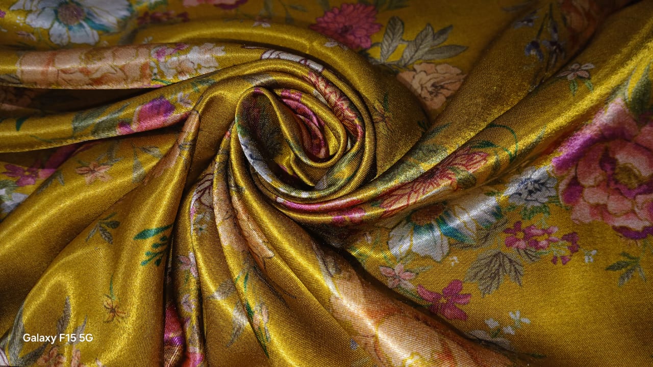 Viscose  Modal Satin fabric Digital pink,cream,orange,peach,green Floral Print 44" wide available in 3 colors black, dark teal and mustard gold