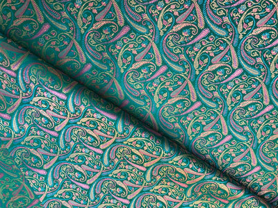 Silk Brocade fabric multi color paisleys available in 4 colors red , green , minty olive and silver BRO1089