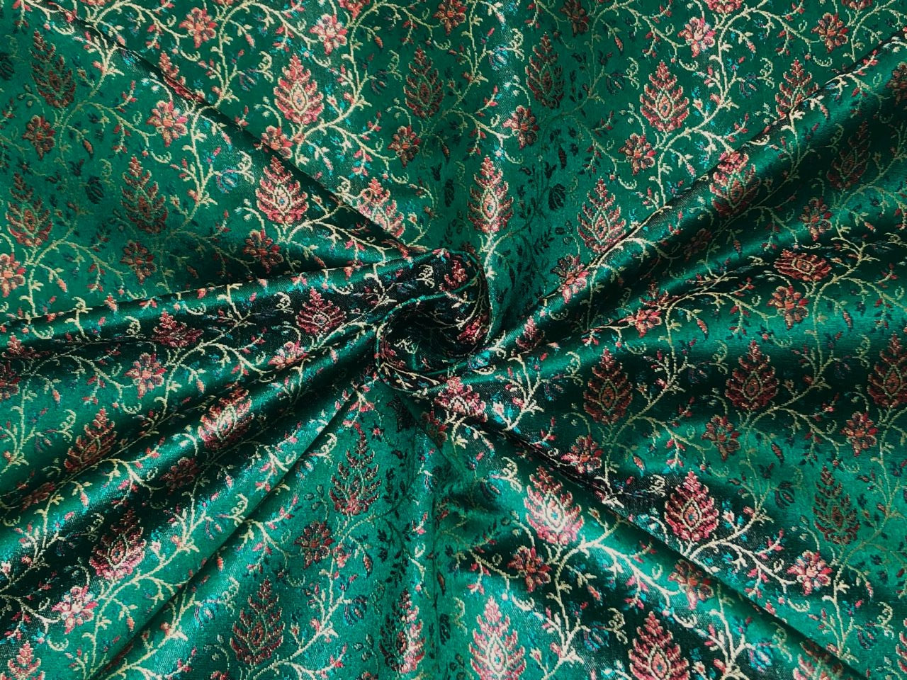 Silk Brocade fabric parrot green intricate floral with subtle red BRO1082[2]