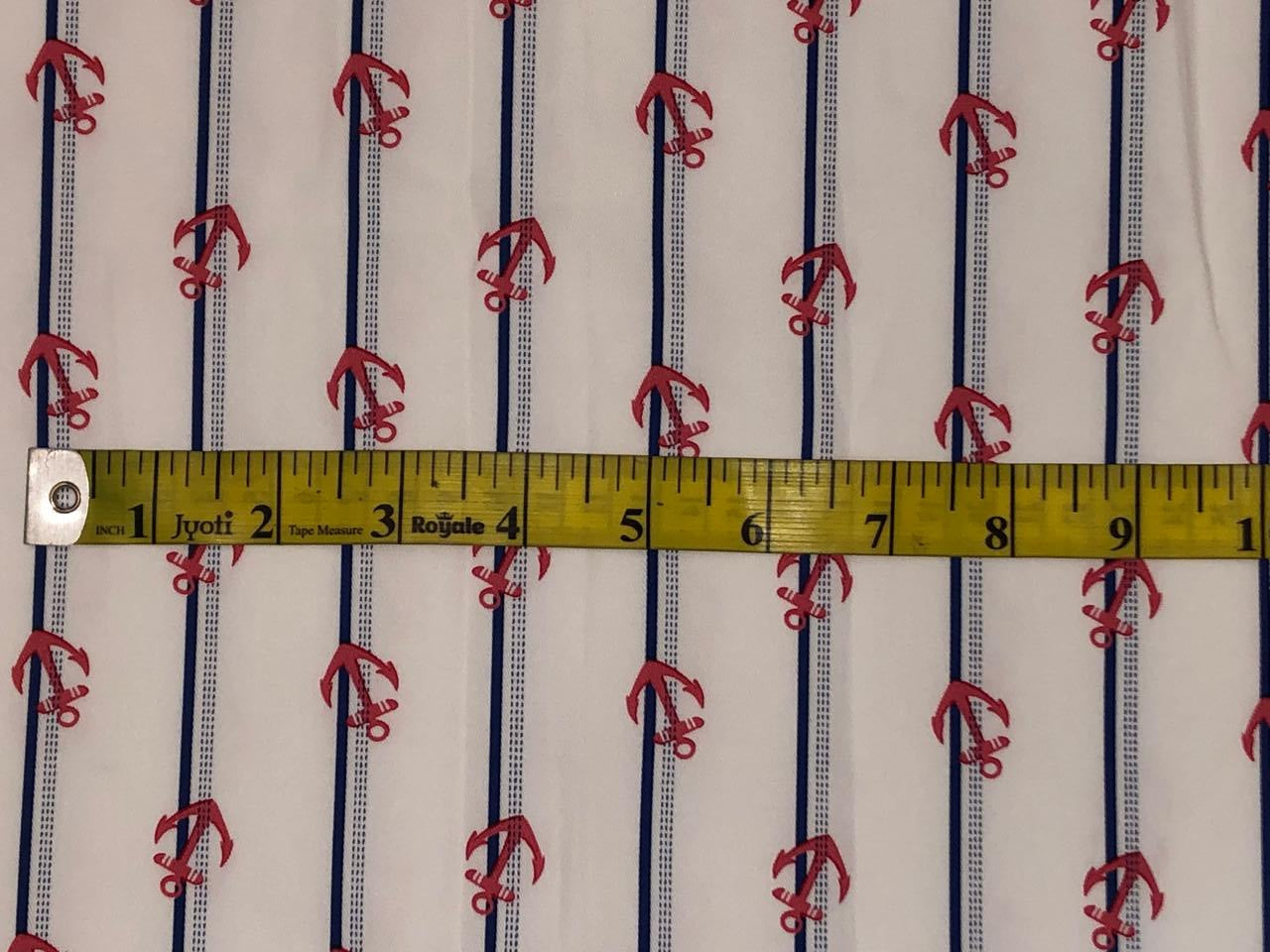 100% cotton poplin  twill weave navy blue /white stripe with red anchor  56" wide [18489]