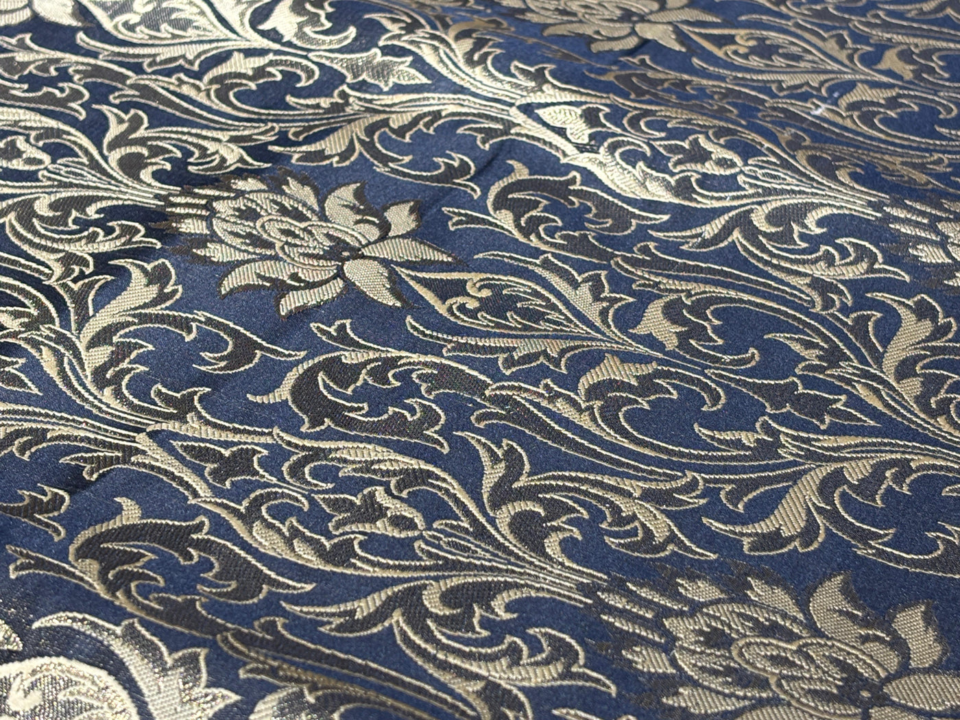 Silk Brocade fabric 44" antique gold jacquard motifs with vines available in 2 colors navy and black  BRO1054