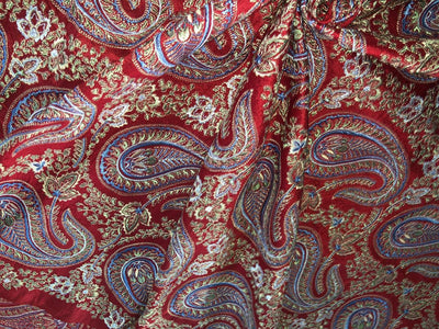 100% Silk dupioni EMBROIDERY 44" WIDE red color with blue paisley embroidery DUPE71