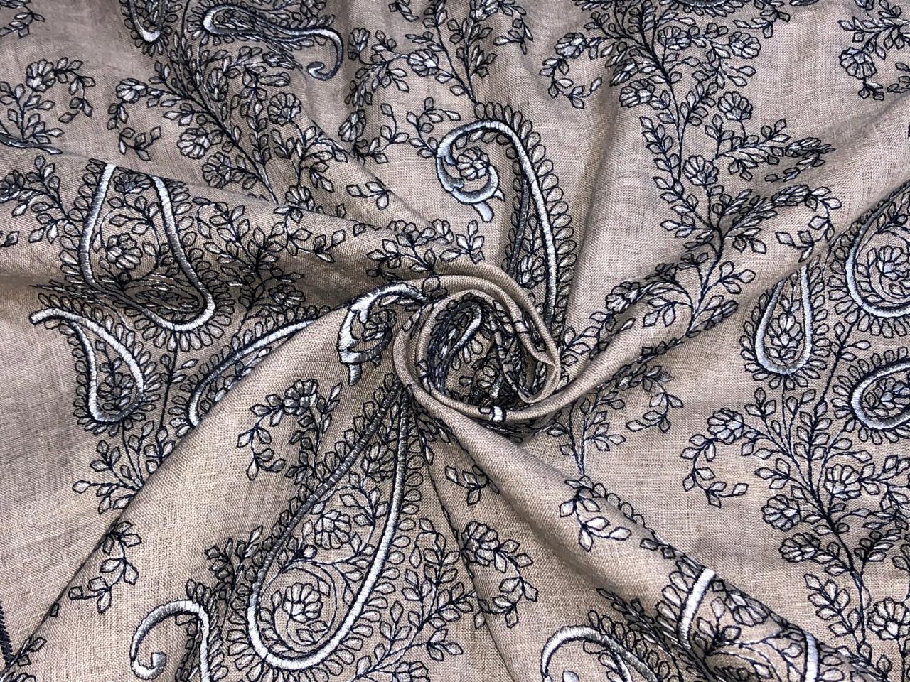 100% Linen  Kashmiri Embroidery available in 3 colors ivory with pink paisleys ,camel with navy paisley and ivory with beige paisley