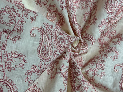 100% Linen  Kashmiri Embroidery available in 3 colors ivory with pink paisleys ,camel with navy paisley and ivory with beige paisley